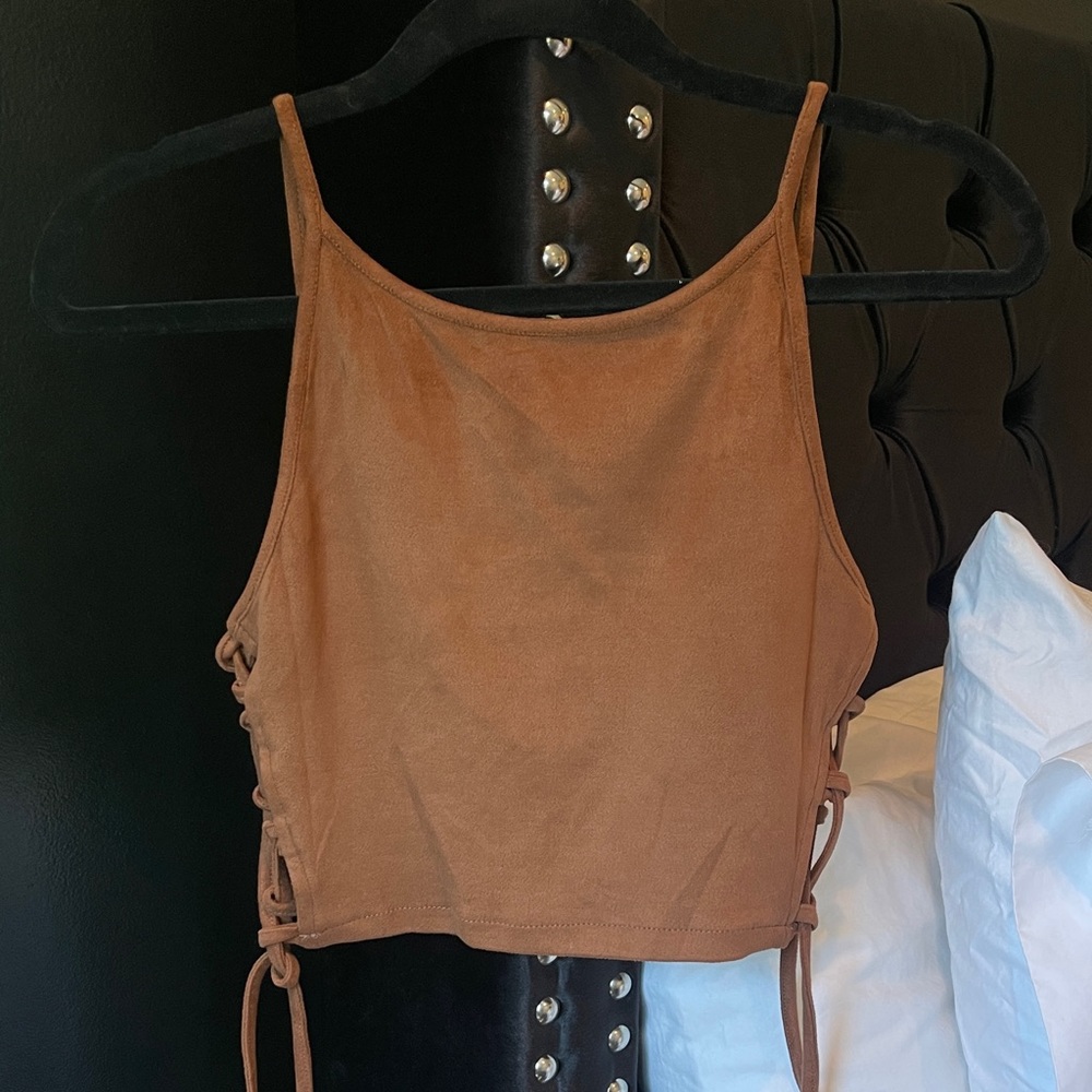 Brown Suede Crop Tank with Lace Up Sides. Adjustable Straps. Perfect Condition.